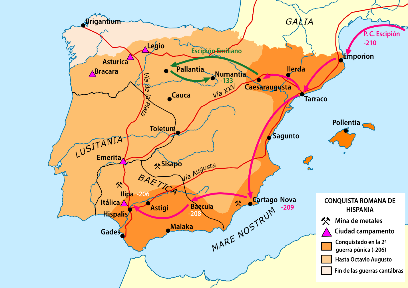 Mapa de las fases de la conquista romana.