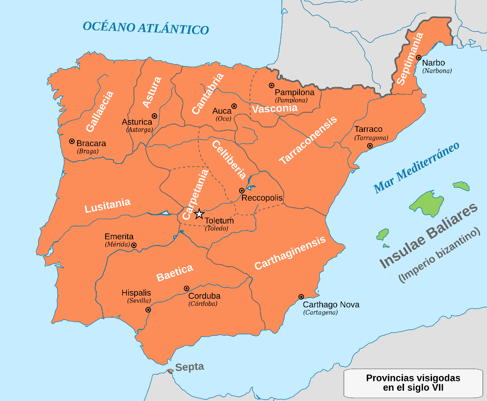 Mapa de las provincias del reino visigodo hacia 700.