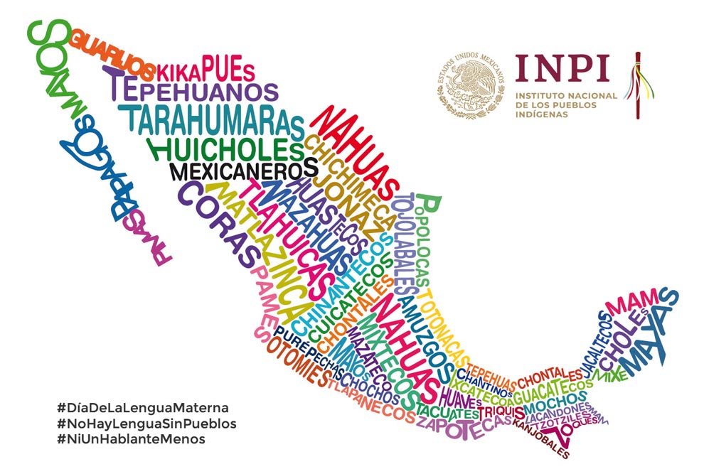 Mapa de México con nombres de las lenguas indígenas colocadas en sus respectivas áreas.
