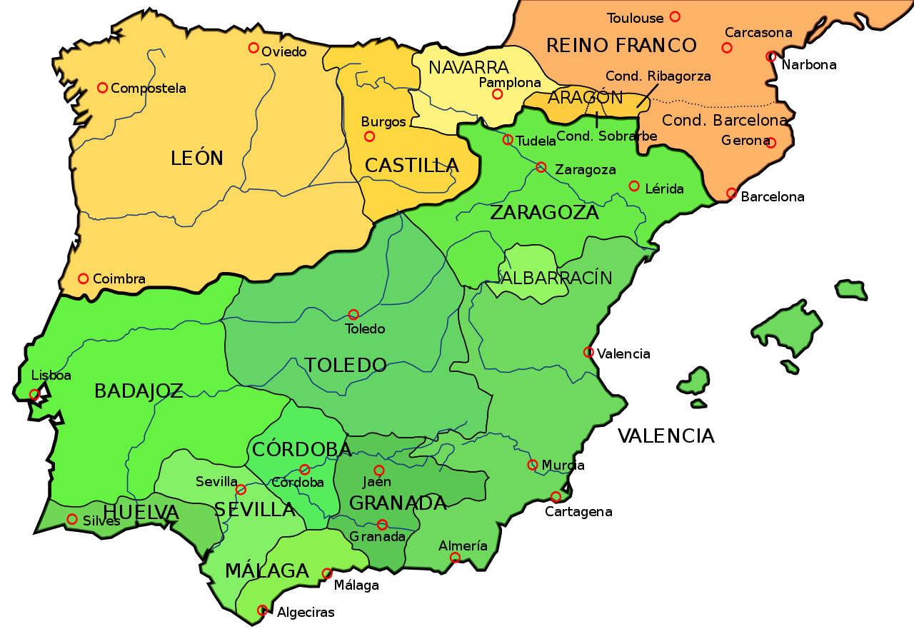 Mapa de la Reconquista hacia 1037 con estados cristianos al norte.