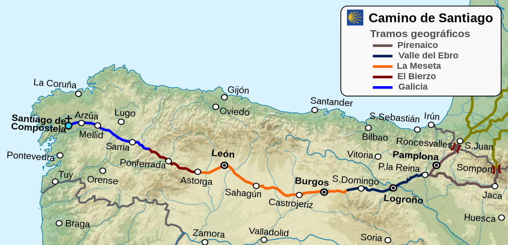 Mapa del Camino de Santiago con colores distintos para cada tramo.