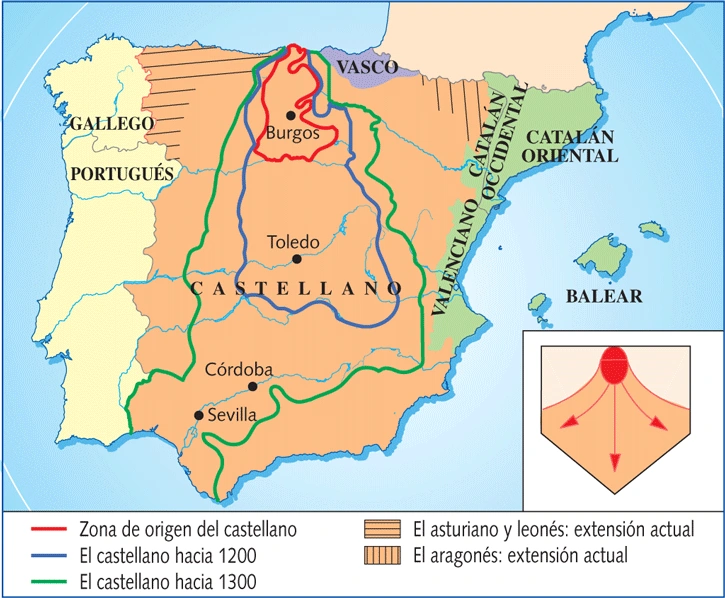 Mapa de la expansión del castellano desde su zona de origen hasta su estado hacia 1300.