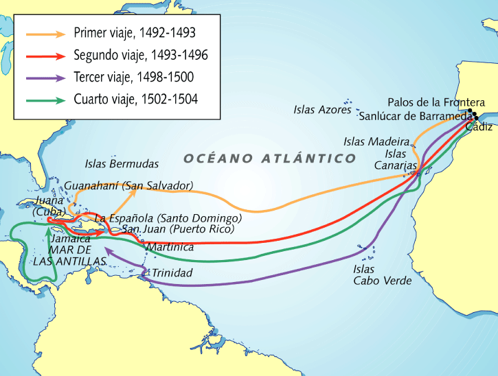 Mapa de los viajes de Colón con colores distintos para cada uno de los cuatro.