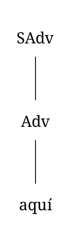 Diagrama arbóreo que representa el sintagma adverbial “aquí”. Consiste en un adverbio (aquí).