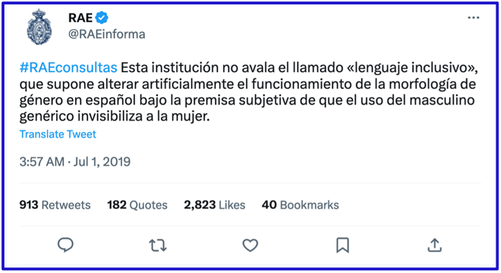 Un tuit de la Real Academia Española que dice que no avala el llamado “lenguaje inclusivo”.