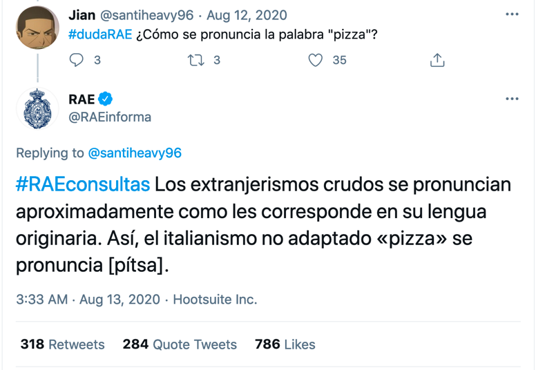 Tuit de la Real Academia Española sobre los extranjerismos crudos como "pizza" del italiano.