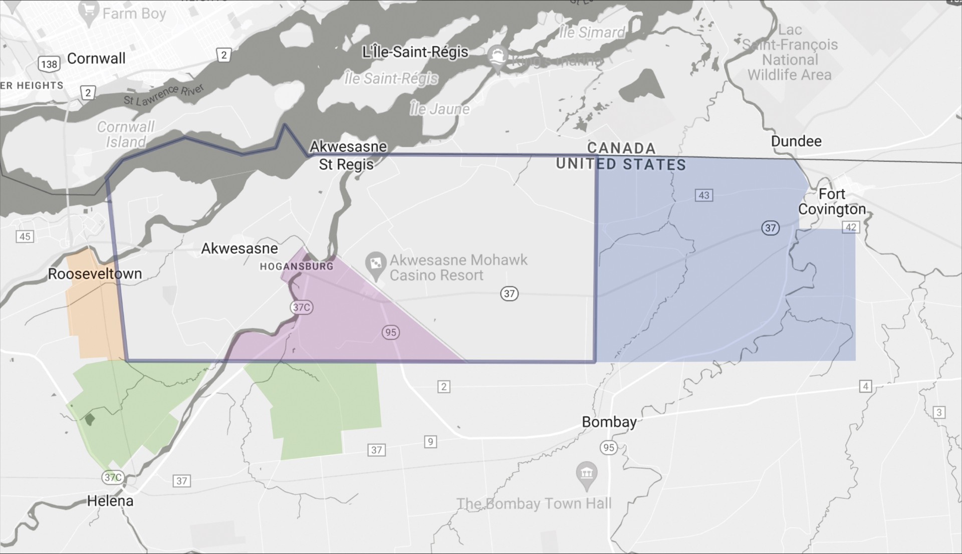 A gray map with the border between the United States and Canada with Akwesasne labeled and outlined and the Akwasasne Mohawk Casino Resort labeled.