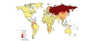 A map of the world with yellow, red, and varying shades of orange-colored countries showing varying levels of people with MDR TB, as described in the text.