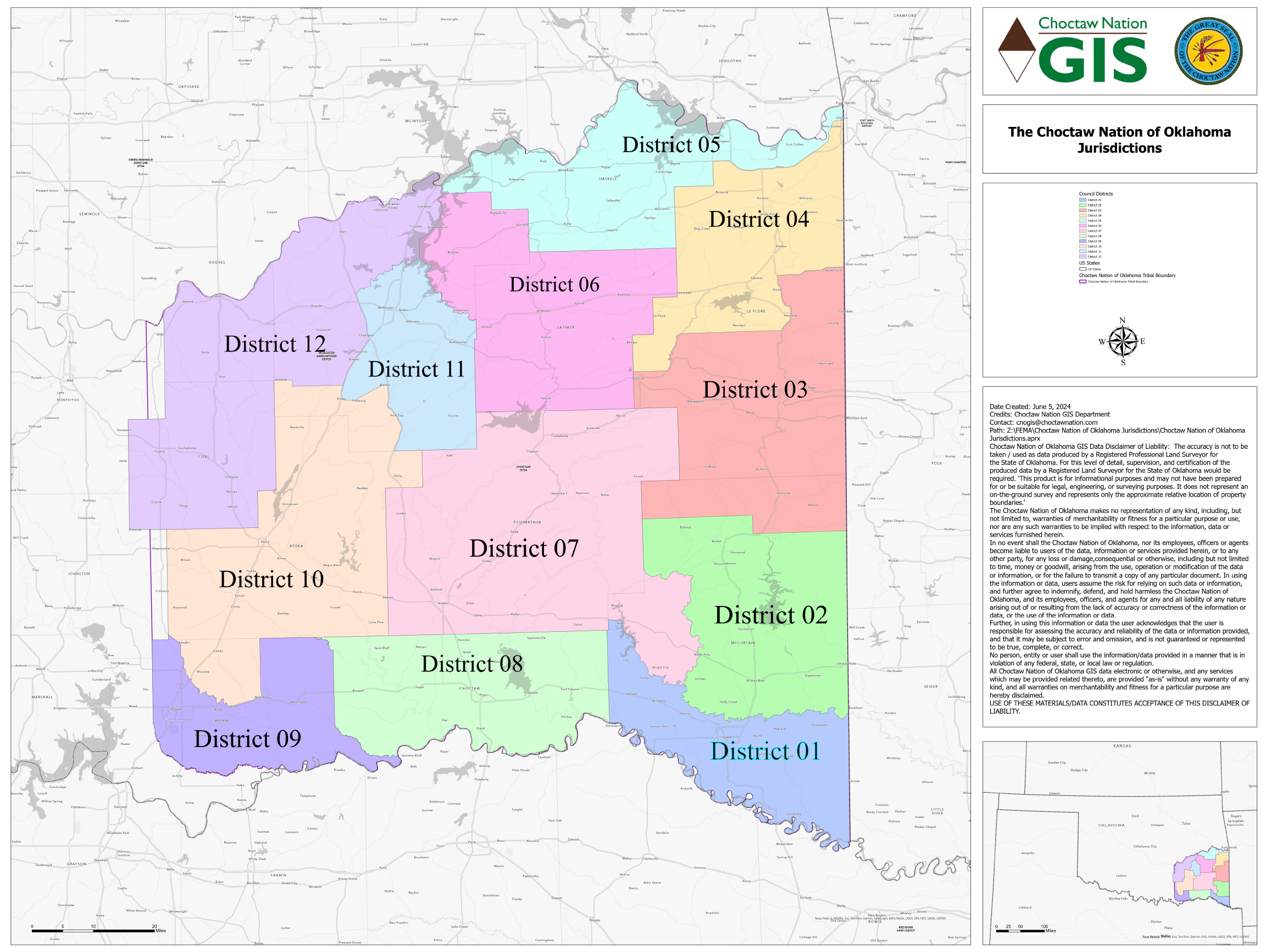 A colorful map of the districts of the Choctaw Nation of Oklahoma with District 01 - District 12 each designated a different color.