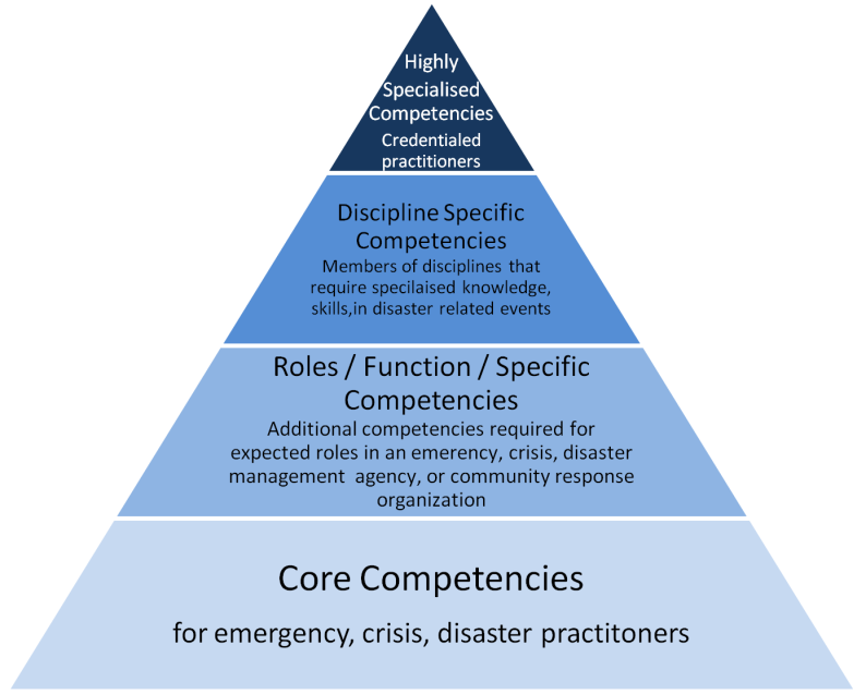 A triangle with four levels of increasingly dark shades of blue. The lowest level is Core Competencies, the next up is Roles/Function/Specific Competencies, the next up is Discipline Specific Competencies, and the top is Highly Specialised Competencies.