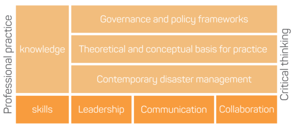 A chart with rectangles in varying shades of orange. The bottom four rectangles are labeled Skills, Leadership, Communication and Collaboration. The rectangle in the Skills section is labeled "knowledge" with the side label of "Professional practice," then the other three sections contain the categories under the side label of Critical Thinking.