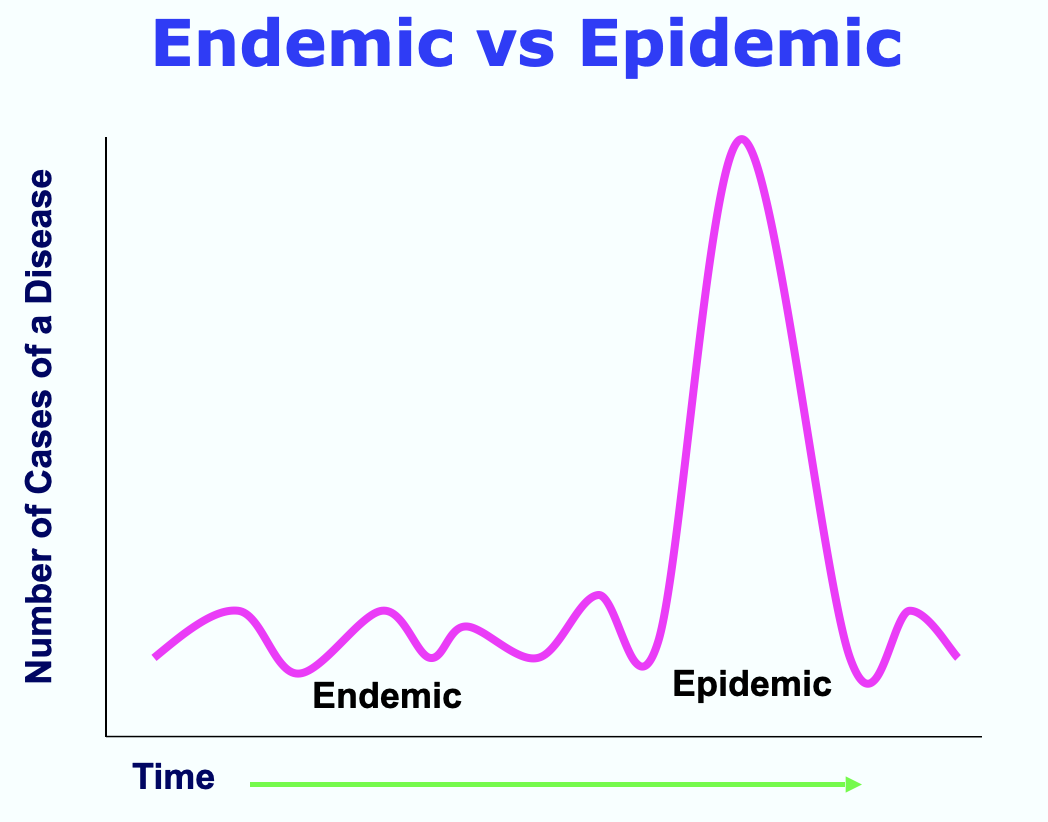 A graph labeled on the X-axis with "Time" and on the Y-axis with "Number of Cases of a Disease." A hot pink graphic wavy line shows low waves at low time and number of cases and spiked high wave to the right at later time and higher number of cases of disease.