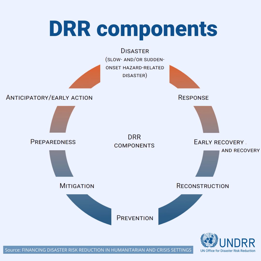 A graphic with a blue background and a blue title of "DDR components." A ring of curved thick lines moving from red to blue begin at Disaster and end at Prevention, with steps labeled on each side.