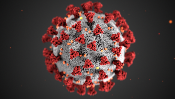 A close up drawing representing the SARS virus. Red proteins and markers dot the outside of a gray sphere.