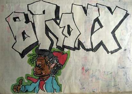 Painting of the word Bronx and a person below it