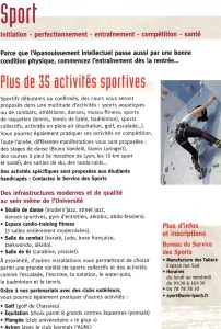 information sheet from univeristy in Lyon about sports and activities offered