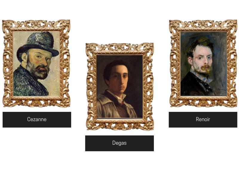 portraits of French artists Cezanne, Degas, and Renoir.