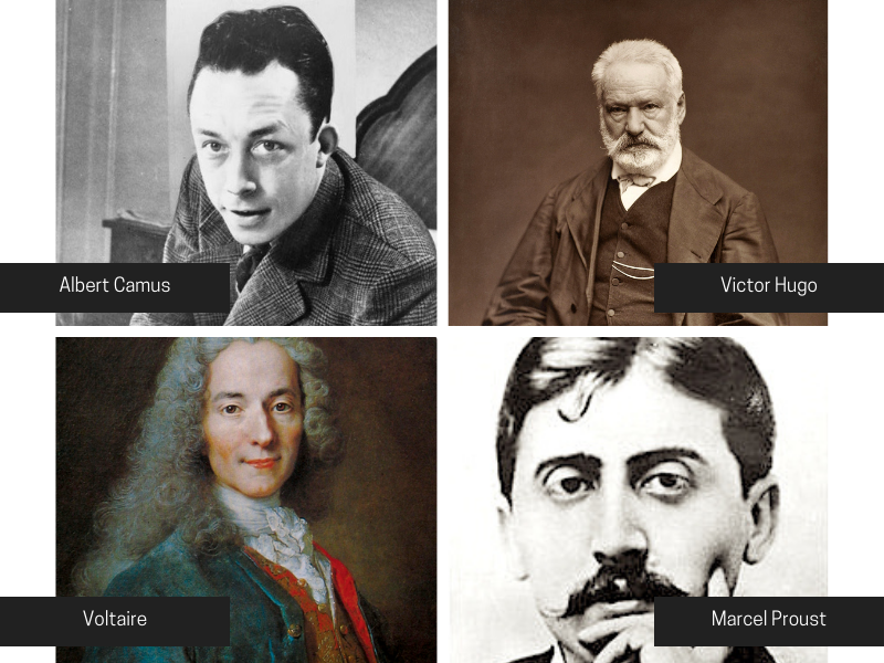 portraits of Albert Camus, Victor Hugo, Voltaire, and Marcel Proust