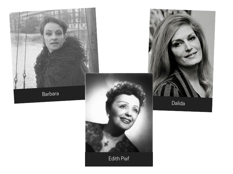 portraits of Barbara, Dalida, and Edith Piaf