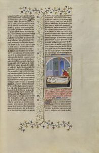 A miniature illustration from the 1409 AD illuminated manuscript of Giovanni Boccaccio's Des cas de nobles hommes et femmes (now in the J. Paul Getty Museum, Los Angeles); it depicts Mark Antony and Cleopatra in their tomb, with an asp slithering near her chest, and a bloody sword impaling his chest. Their figures are depicted as both dead bodies and as statues in a medieval Gothic environment rather than an ancient Hellenistic-period Ptolemaic-Egyptian setting. For further information see pp. 53-54 of Anderson, Jaynie (2003) Tiepolo's Cleopatra[1], Melbourne: Macmillan, ISBN 9781876832445