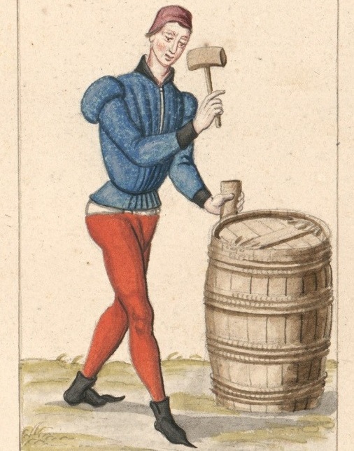 A cooper in Renaissance dress fabricating a barrel