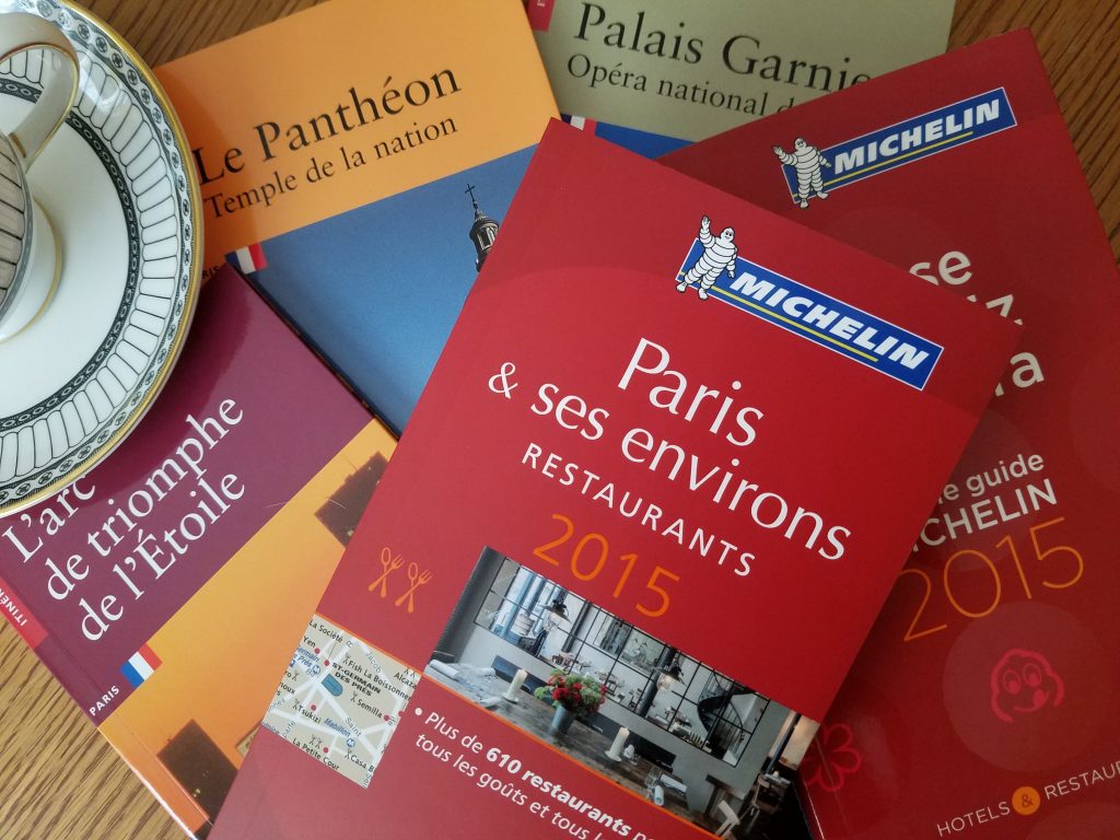 Michelin guide books on a table