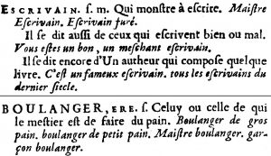 Dictionary entries for "escrivain" and "boulanger"