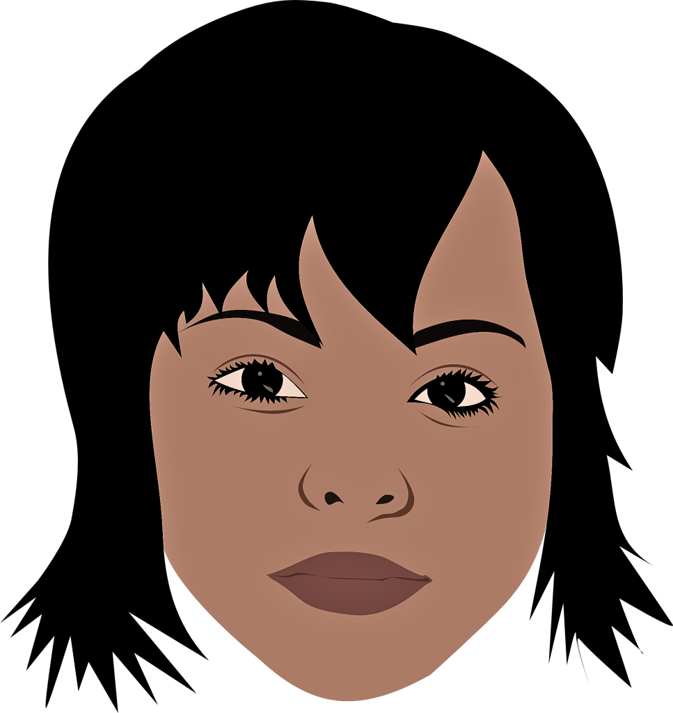 A dark-skinned woman with short black hair and black eyes