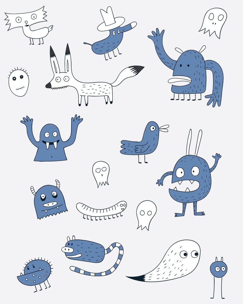 A variety of monsters and animals, including: three ghosts, a fox, a pickle-shaped 4-legged creature in a cowboy hat, a bird, a hot dog-like creature with ten legs, a round creature with eyes, ears, and two long legs, etc.