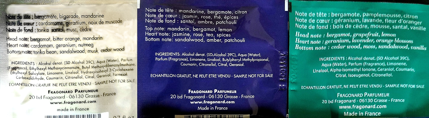 Notes de tête: bergamote, bigarade, mandarine. Notes de coeur: cardamone, géranium, noix de muscade. Notes de fond: tonka, santal, musc cèdre