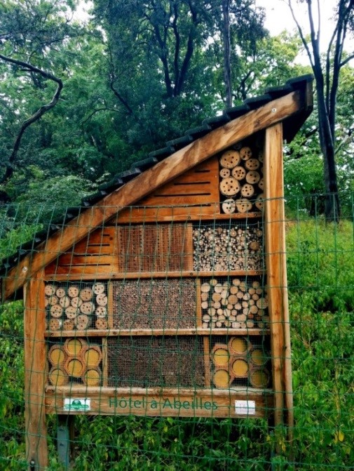 A wooden structure composed of multiple cubbies filled with reeds or wood drilled with holes for bees to nest in