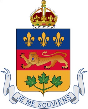 A crown above a coat of arms featuring 3 fleur de lis, a lion, and 3 clovers; beneath the coat of arms, a banner reads "Je me souviens"