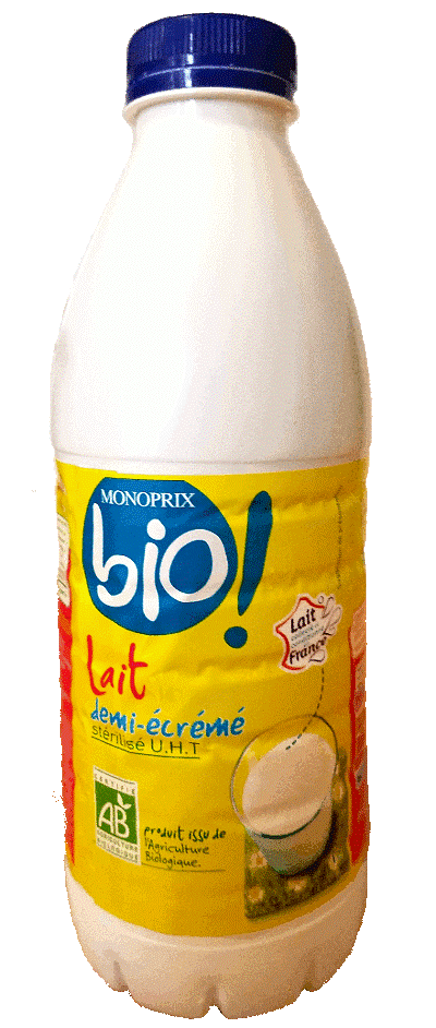 Milk bottle with label reading "bio," "lait demi-écrémé," and "stérilisé U.H.T."