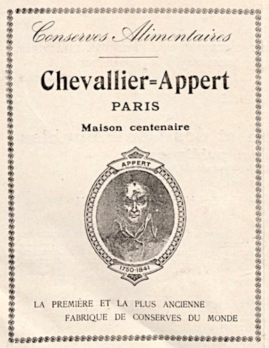 An advertising titled "Conserves Alimentaires" mentions Chevallier-Appert