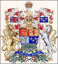 A coat of arms between a lion holding a British flag and a unicorn holding a French Bourbon Monarchy flag featuring 3 fleur de lis; beneath the coat of arms are various plants, including clovers, thistles, red roses, and white lilies