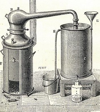 A distillation apparatus consisting of two vessels connected by a tube above