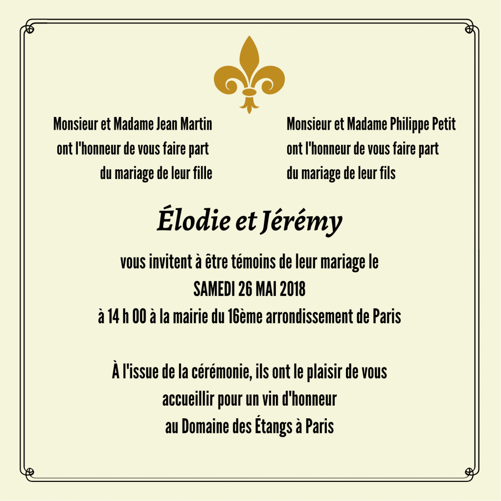 Wedding invitation for Élodie et Jérémy inviting guests to their "mariage" on "samedi 26 mai 2018" at "la mairie du 16ème arrondissement à Paris" followed by a "vin d'honneur" at "le Domaine des Étangs" in Paris