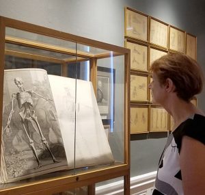 Dr. Malgosia Wilk-Blaszczak looks at a museum display case containing a large open book with an illustration of a skeleton.
