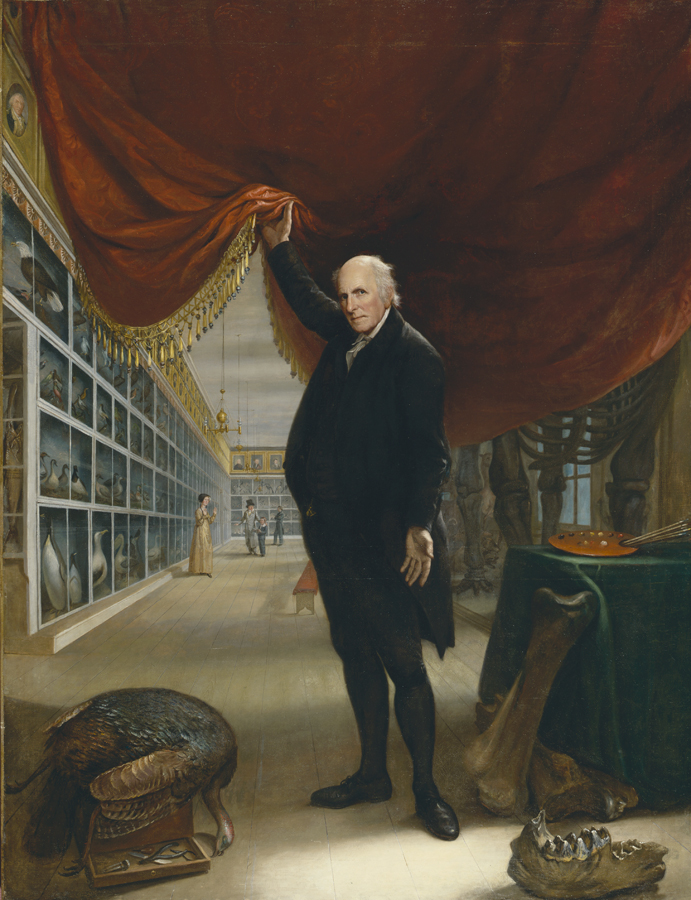 A painting of a man lifting a curtain to reveal curiosities (taxidermy, bones, etc.) in an archival display