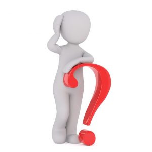 a faceless cartoon figure with his hand on his head and his arm leaning on a red question mark