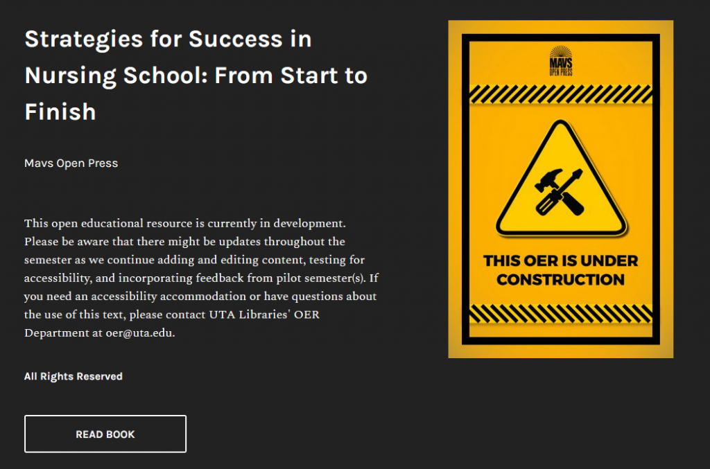 Disclosure on OER reads, &quot;This open educational resource is currently in development. Please be aware that there might be updates throughout the semester as we continue adding and editing content, testing for accessibility, and incorporating feedback from pilot semester(s). If you need an accessibility accommodation or have questions about the use of this text, please contact UTA Libraries&#039; OER Department at oer@uta.edu.&quot;