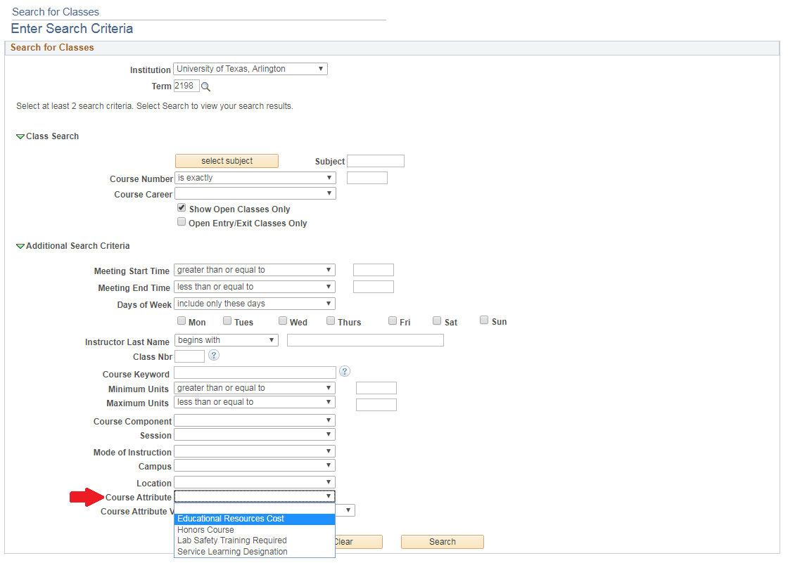 Drop down menu under the Class Search criteria to select Educational Resource cost from the course attribute