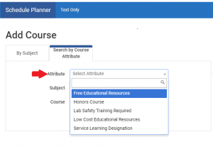 Drop down menu under the Add Course panel to select Free Educational Resources from the Attribute.