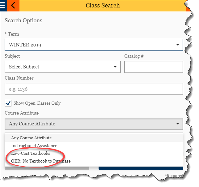 Class search page from Tacoma community college. Low-cost textbooks and OER options are circled.