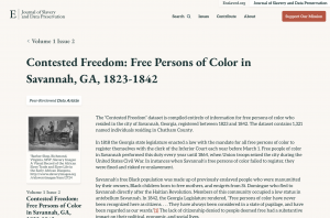 This is a screenshot from the Journal of Slavery and Data Preservation. It documents Marquis Taylor's dataset related to free persons in Savannah, GA from 1823 - 1842.