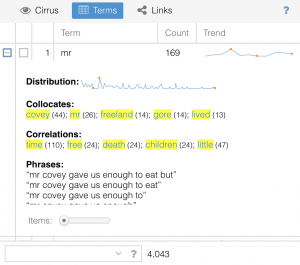 This image shows the expanded terms tool in Voyant Tools and the collocates, correlations, and phrases associated with the term "mr."