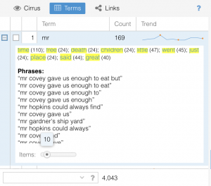 This image shows the expanded phrases for the word "mr" in the terms window on Voyant Tools