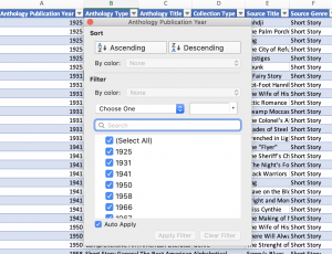 This image from Microsoft Excel is a sample from the Black Short Story Dataset. This is an image that shows the sort function within the program.