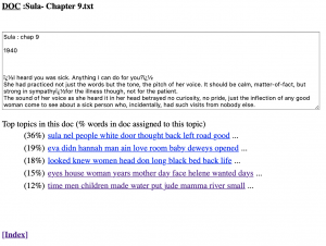 This image is from another return from Topic Modeling Tool. This example shows the specific returns from chapter 9 from Toni Morrison's Sula.