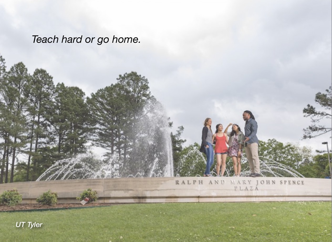 A photo of UT Tyler campus with overlayed text reading, "Teach hard or go home."